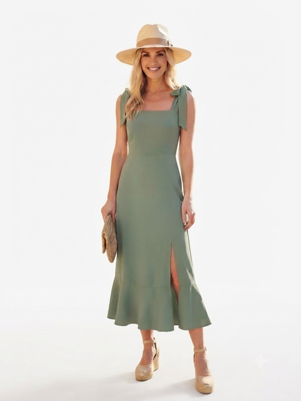 ANRABESS Sage Green Midi Dress Tie Strap Smocked Bodice Side Slit Size M